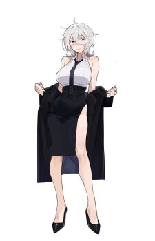1girl bare_shoulders black_coat black_eyes breasts coat commentary english_commentary high_heels highres jericho_(wabuwabu_05) jewelry large_breasts looking_at_viewer messy_hair necktie original ring shirt side_slit skirt sleeveless sleeveless_shirt smile wabuwabu_05 white_hair white_shirt wide_hips