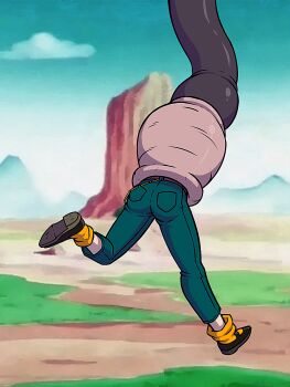 1girl android android_18 animated animated_gif ass cell_(dragon_ball) day dragonball_z head_out_of_frame highres kicking legs lower_body mountain ryona struggling stuck tail tail_vore vore