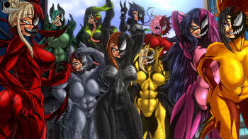 6+girls agony_(marvel) asui_tsuyu black_eyes black_hair blonde_hair blue_eyes bluewolfartista boku_no_hero_academia breasts brown_eyes brown_hair carnage_(marvel) city cleavage crossover evil_eyes evil_grin evil_smile green_eyes green_hair grin highres jiro_kyoka klyntar large_breasts lasher_(marvel) looking_at_viewer mandalay_(boku_no_hero_academia) marvel midnight_(boku_no_hero_academia) multiple_girls muscular muscular_female phage_(marvel) pixie-bob_(boku_no_hero_academia) possessed possession ragdoll_(boku_no_hero_academia) riot_(marvel) scream_(marvel) sleeper_(marvel) smile spider-man_(series) symbiote toga_himiko uraraka_ochako venom_(marvel) white_eyes yaoyorozu_momo yellow_eyes
