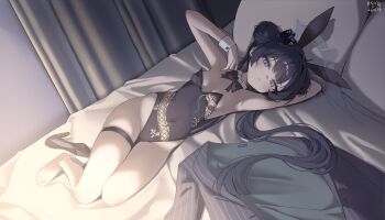 1girl absurdres adapted_costume animal_ear_hairband animal_ears armpits bare_legs bed_sheet black_hair black_leotard blue_archive breasts butterfly_hair_ornament coat commentary covered_navel detached_collar double_bun dragon_print fake_animal_ears hair_bun hair_ornament hairband halo highleg highleg_leotard highres kisaki_(blue_archive) leotard lying myeolchi pillow playboy_bunny rabbit_ear_hairband rabbit_ears small_breasts strapless strapless_leotard thigh_strap white_wrist_cuffs wrist_cuffs