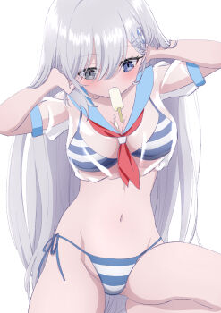 Rule 34 | 1girl, adjusting hair, arms behind head, bikini, blue bikini, blue eyes, blue sailor collar, breasts, cleavage, collarbone, commentary request, dripping, eating, food, food in mouth, food on body, grey eyes, grey hair, hair between eyes, hair ornament, hairclip, heterochromia, highres, komatsu (sakanae), long hair, looking at food, medium breasts, melting popsicle, mouth hold, navel, neckerchief, no pants, popsicle, popsicle in mouth, red neckerchief, sailor collar, see-through clothes, shibou yuugi de meshi wo kuu., short sleeves, side-tie bikini bottom, simple background, sitting, solo, striped bikini, striped clothes, swimsuit, very long hair, white background, white bikini, yuuki (shibou yuugi)