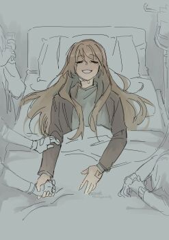 1girl 3others absurdres black_jacket brown_hair character_request check_character closed_eyes criteria fingerless_gloves gloves grey_shirt head_down head_on_pillow highres holding_hands intravenous_drip jacket jung_heewon kim_dokja lee_jihye long_hair multiple_others omniscient_reader&#039;s_viewpoint open_clothes open_jacket out_of_frame partially_colored pillow shirt tears under_covers yoo_sangah