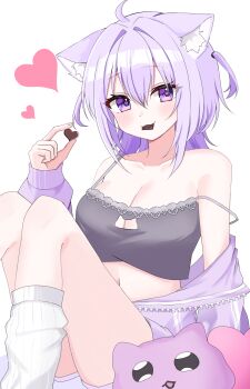 Rule 34 | 1girl, :3, absurdres, ahoge, animal ear fluff, animal ears, black bra, bra, breasts, candy, cat cutout, cat ears, cat girl, cat tail, check clothing, chocolate, chocolate heart, cleavage cutout, closed mouth, clothing cutout, clothing request, collarbone, commentary, costume request, dilated pupils, double-parted bangs, feet out of frame, food, food in mouth, frilled bra, frills, hair between eyes, hair intakes, heart, heart-shaped food, highres, holding, holding chocolate, holding food, hololive, jacket, jacket partially removed, knees up, large breasts, long sleeves, looking at viewer, loose socks, medium hair, nekomata okayu, nogoma (nogoma22), okanyan (nekomata okayu), open mouth, purple eyes, purple hair, purple jacket, shorts, simple background, sitting, smile, socks, solo, stuffed animal, stuffed toy, tail, underwear, untranslatable commentary, virtual youtuber, white background, white shorts, white socks