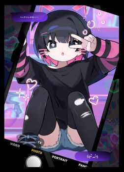 1girl absurdres black_eyes black_hair black_shirt black_thighhighs colored_inner_hair fake_phone_screenshot fake_screenshot hair_ornament highres layered_sleeves long_sleeves looking_at_viewer morizo_(morizoshop) multicolored_hair original pink_hair shirt short_over_long_sleeves short_sleeves shorts solo thighhighs torn_clothes v