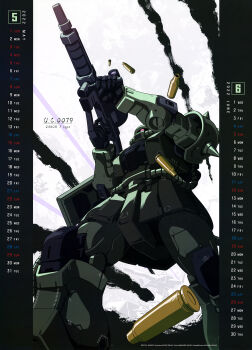 2022 absurdres artist_name battle cable calendar_(medium) company_name copyright_notice dated english_text firing gun gundam highres holding holding_gun holding_weapon machine_gun machinery mecha mecha_focus mobile_suit mobile_suit_gundam no_humans one-eyed red_eyes robot scan science_fiction shell_casing shield shoulder_spikes smoke solo spikes suzuki_takuya traditional_media weapon zaku_ii zaku_ii_f-type zeon