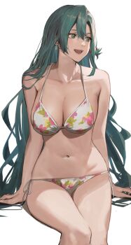 1girl alternate_costume aqua_hair bare_legs bare_shoulders bikini braid breasts chloe_(fire_emblem) cleavage collarbone cowboy_shot earrings eyebrows_hidden_by_hair eyes_visible_through_hair facing_viewer fire_emblem fire_emblem_engage floral_print green_eyes halterneck highres j@ck jewelry large_breasts long_hair looking_to_the_side navel nintendo nose open_mouth side-tie_bikini_bottom sidelighting simple_background sitting smile solo string_bikini swimsuit teardrop_earring teardrop_earrings teeth thighs tsurime upper_teeth_only very_long_hair white_background white_bikini