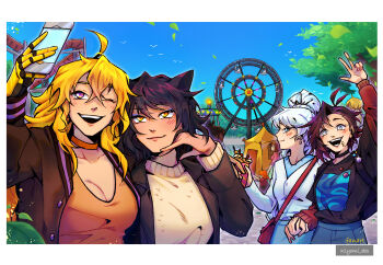 4girls ;d absurdres ahoge amusement_park animal_ears arm_around_shoulder arm_up artist_name asymmetrical_hair bag bird black_hair black_jacket black_shirt blake_belladonna blonde_hair blue_eyes blue_shirt blue_skirt border casual cat_ears cat_girl child choker commentary couple crepe dating earrings english_commentary ferris_wheel food food_on_face grey_eyes hand_on_own_cheek hand_on_own_face highres holding holding_hands holding_phone jacket jewelry kiyomi_des long_sleeves looking_at_viewer multiple_girls one_eye_closed open_clothes open_jacket open_mouth orange_choker orange_shirt outdoors people phone ponytail print_shirt prosthesis prosthetic_arm purple_eyes red_bag roller_coaster ruby_rose rwby scar scar_across_eye scar_on_face scroll_(rwby) selfie shirt short_hair shoulder_bag skirt smile sweater tree w weiss_schnee white_border white_hair white_jacket white_sweater yang_xiao_long yellow_eyes yuri