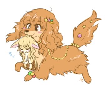 Rule 34 | 2girls, animal focus, animalization, brown eyes, brown fur, commentary, dog, english commentary, futaba anzu, hair ornament, idolmaster, idolmaster cinderella girls, lowres, mahoxyshoujo, moroboshi kirari, mouth hold, multiple girls, no humans, simple background, star (symbol), star hair ornament, white background