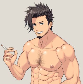 Rule 34 | 1boy, abs, arima (arima bn), arm hair, bara, beard, biceps, black hair, chest hair, cigarette, facial hair, granblue fantasy, green eyes, hairy, highres, looking at viewer, male focus, manly, mature male, muscular, muscular male, nipples, pectorals, rackam (granblue fantasy), smoke, solo, spiked hair, stubble, teeth, topless male, undercut, upper body
