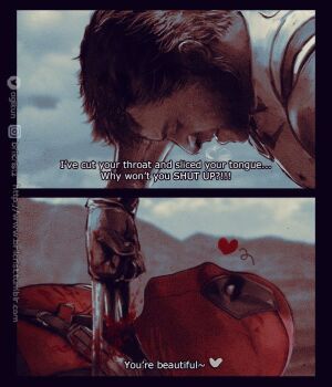 2boys beard blood bodysuit breath brilcrist brown_hair claw_(weapon) clenched_hand commentary deadpool deadpool_&amp;_wolverine deadpool_(series) english_commentary english_text facial_hair gloves heart i&#039;ll_cut_your_throat!_that&#039;ll_shut_you_up!_(meme) instagram_username looking_at_another looking_down looking_up lying male_focus marvel meme mononoke_hime multicolored_bodysuit multiple_boys on_back parody red_bodysuit red_mask shirt short_hair sleeveless stab superhero_costume two-tone_bodysuit weapon wolverine_(x-men) x-men yaoi