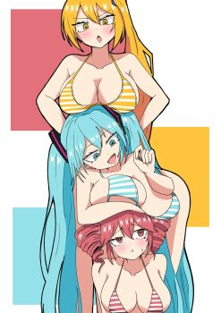 3girls :d :o :t akita_neru aqua_bikini aqua_eyes aqua_hair bare_shoulders bent_over bikini blonde_hair blush breast_rest breasts breasts_on_head drill_hair furrowed_brow hair_between_eyes hair_ornament hands_on_own_hips hatsune_miku highres hitorikanawo kasane_teto large_breasts long_hair looking_at_another looking_down looking_up multiple_girls open_mouth puffy_cheeks red_bikini red_eyes red_hair side_ponytail simple_background smile striped_bikini striped_clothes sweat swimsuit triple_baka_(vocaloid) twintails utau v-shaped_eyebrows very_long_hair vocaloid yellow_bikini yellow_eyes