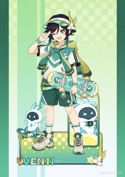 1boy absurdres alternate_costume androgynous aqua_hair black_hair braid dafu_zhentan english_text flower full_body genshin_impact gradient_hair green_eyes green_shorts hair_flower hair_ornament highres holding hood looking_at_viewer male_focus miyoushe_watermark multicolored_hair one_eye_closed open_mouth shirt shoes short_hair_with_long_locks short_sleeves shorts skateboard smile sneakers socks solo spirit standing twin_braids venti_(genshin_impact) visor_cap watermark white_flower wristband