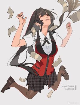 1girl absurdres banknote bare_arms black_hair black_ribbon black_skirt blunt_bangs blunt_ends brown_pantyhose brown_shoes buttons chinese_commentary collared_shirt collared_vest commentary_request copyright_name dress_shirt eyelashes floating_hair full_body glowing glowing_eye grey_background happy highres hime_cut jabami_yumeko jewelry jumping kakegurui lapels long_hair looking_at_viewer miniskirt money nail_polish neck_ribbon nostrils notched_lapels open_mouth ouge_dz pantyhose pleated_skirt pocket pointy_nose red_eyes red_nails red_vest ribbon ring see-through_pantyhose shirt shoes short_sleeves simple_background skirt smile solo straight_hair teeth unmoving_pattern upper_teeth_only uwabaki very_long_hair vest watermark weibo_watermark white_shirt