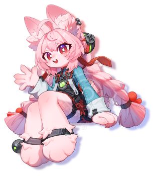 1girl ahoge animal_ear_fluff animal_ear_piercing animal_ears animal_feet anklet arm_support black_dress braid braided_twintails bright_pupils commentary_request dress furry furry_female green_shirt hair_ornament hand_up highres invisible_chair jewelry long_hair looking_at_viewer neko_gokoro open_mouth pinafore_dress pink_fur pink_hair rabbit_ears rabbit_girl red_eyes screw shirt short_eyebrows simple_background sitting sleeveless sleeveless_dress solo sphere_hair_ornament teeth thick_eyebrows thigh_strap upper_teeth_only waving white_background white_pupils zenless_zone_zero zhao_(zenless_zone_zero)