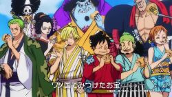 2girls animated artist_collaboration brook_(one_piece) burger chef chef_hat cooking facial_hair flashback food franky_(one_piece) grin hat holding holding_food looking_at_another mcdonald&#039;s monkey_d._luffy multiple_girls mustache nami_(one_piece) nami_(one_piece)_(wano) nico_robin nico_robin_(wano) official_art one_piece parody pirate promotional_art real_life red-leg_zeff roronoa_zoro sanji_(one_piece) smile sound toei_company tony_tony_chopper usopp video what