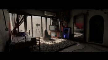 air_conditioner apartment backwards_text bean_bag_chair bed cable camera crt curtains day dial_television english_text highres indoors mirror no_humans non-web_source radio reflection rug scenery seraphim_slum static tile_floor tiles vinyl_record