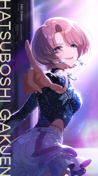 1girl absurdres album_cover arimura_mao brown_hair cover earrings english_text feel_jewel_dream_(idolmaster) gakuen_idolmaster highres idol_clothes idolmaster jewelry official_art open_mouth pointing pointing_at_viewer purple_eyes short_shorts shorts solo