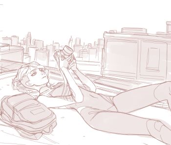 1girl camera commentary concept_art english_commentary eyebrow_piercing face_piercing feason feet_out_of_frame graphite_(medium) greyscale gwen_stacy highres holding holding_camera lying marvel monochrome piercing sketch spider-gwen spider-man:_into_the_spider-verse spider-man_(series) spider-verse superhero_costume traditional_media