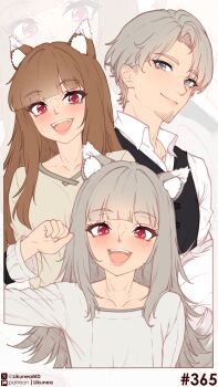 1boy 2girls :d absurdres animal_ear_fluff animal_ears beard blunt_bangs blush brown_hair collarbone commentary craft_lawrence english_commentary facial_hair family father_and_child father_and_daughter grey_eyes grey_hair grey_shirt highres holo husband_and_wife likunea long_hair looking_at_viewer mother_and_child mother_and_daughter multiple_girls myuri_(spice_and_wolf) open_mouth parent_and_child patreon_logo patreon_username red_eyes shirt short_hair smile solo spice_and_wolf twitter_username twitter_x_logo upper_body wolf_and_parchment wolf_ears zoom_layer