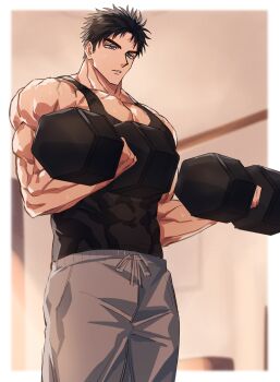 1boy bara black_hair black_tank_top blue_eyes cowboy_shot domo_(domo_kizusuki) dumbbell exercising expressionless eyelashes highres kokado_shido_(domo) large_pectorals male_focus muscular muscular_male original pants pectoral_cleavage pectorals shirt short_hair shredded_muscles sideburns solo sweat tank_top thick_eyebrows tight_clothes tight_shirt track_pants veins veiny_arms weightlifting