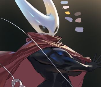 1girl arthropod_girl black_bodysuit bodysuit breasts cloak hollow_knight hollow_knight:_silksong hornet_(hollow_knight) large_breasts looking_at_viewer mask muscular muscular_female needle_(hollow_knight) needle_sword simple_background solo string taiyang_yu