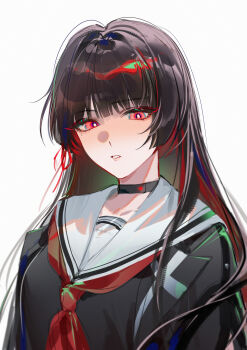 1girl absurdres black_choker black_hair black_shirt breasts chisa_(wuthering_waves) choker commentary_request grey_background hair_ribbon highres long_hair looking_at_viewer medium_breasts mole mole_under_eye parted_lips red_eyes red_ribbon ribbon sailor_collar shibuya_(kurokamishain) shirt simple_background solo upper_body white_sailor_collar wuthering_waves