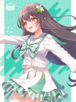 1girl :d bow bowtie breasts brown_hair commentary_request cowboy_shot frills green_background green_skirt hair_between_eyes hair_ornament hair_ornament_request layered_skirt long_hair long_sleeves medium_breasts midriff miniskirt open_mouth pecteilis pleated_skirt serino_itsuki shirt skirt smile solo striped_bow striped_clothes striped_skirt teeth upper_teeth_only vertical-striped_clothes vertical-striped_skirt white_shirt white_skirt yellow_eyes z/x