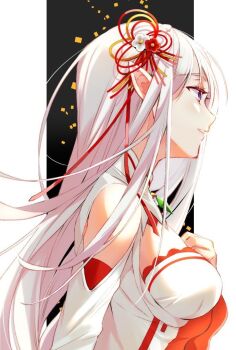 1girl adapted_costume breasts buu_(buu02) cleavage_cutout clothing_cutout commentary_request dress elf emilia_(re:zero) flower from_side hair_flower hair_ornament hand_on_own_chest long_hair medium_breasts parted_lips pointy_ears profile purple_eyes re:zero_kara_hajimeru_isekai_seikatsu shoulder_cutout solo upper_body white_dress white_hair