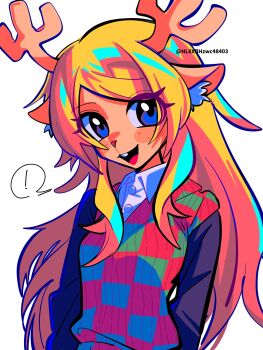 ! 1girl :3 :d animal_ear_fluff animal_ears animal_nose antlers arm_at_side arm_behind_back blonde_hair blue_eyes breasts buck_teeth buttons checkered_clothes checkered_sweater_vest collared_shirt deer_antlers deer_ears deer_girl deltarune eyes_visible_through_hair freckles furry furry_female green_sweater_vest hair_over_shoulder haiyang_shengwu highres horns long_hair long_sleeves looking_at_viewer noelle_holiday open_mouth red_sweater_vest shirt sidelocks simple_background small_breasts smile solo spoken_exclamation_mark sweater_vest teeth tongue twitter_username two-tone_sweater_vest upper_body utdr_(toby_fox) very_long_hair white_background white_shirt