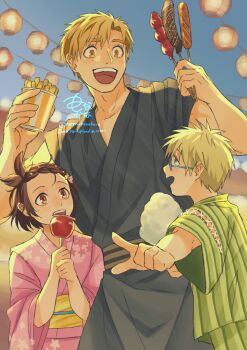 1girl 2boys absurdres akeuraji_tsukasa artist_name black_kimono blonde_hair blush brown_hair candy_apple chocolate-covered_food chocolate_banana copyright_request festival food green_kimono highres japanese_clothes kimono medalist_(manga) mona_kanakana multiple_boys muscular muscular_male pink_kimono sonidori_rioh yellow_eyes yuitsuka_inori yukata