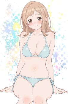 1girl absurdres arm_support armpit_crease bare_legs bikini blue_bikini blush breasts brown_hair check_commentary collarbone commentary_request feet_out_of_frame fingernails flipped_hair halterneck highres idolmaster idolmaster_shiny_colors invisible_chair looking_at_viewer medium_breasts medium_hair nagisa_(omiwatari_no_ya) navel sakuragi_mano side-tie_bikini_bottom sitting smile solo stomach string_bikini swimsuit