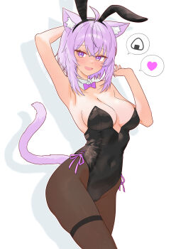 Rule 34 | 1girl, absurdres, ahoge, alternate costume, animal ears, arm up, armpits, black leotard, black pantyhose, blush, breasts, cat ears, cat girl, cat tail, cleavage, collar, detached collar, fake animal ears, heart, highres, hololive, large breasts, leotard, looking at viewer, nekomata okayu, pantyhose, playboy bunny, purple eyes, purple hair, rabbit ears, smile, solo, spoken food, spoken heart, strapless, strapless leotard, tail, thigh strap, virtual youtuber, warg game, white collar