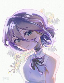 1girl absurdres akaiguarts black_choker chainsaw_man choker closed_mouth collared_shirt green_eyes hair_between_eyes hair_bun highres light_blush neck_ribbon purple_hair purple_ribbon reze_(chainsaw_man) ribbon shirt sleeveless sleeveless_shirt smile solo white_shirt