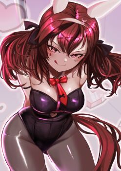 1girl :q animal_ears black_leotard black_pantyhose breasts brown_hair clothing_cutout commentary_request cowboy_shot detached_collar fake_animal_ears hair_between_eyes hair_ornament heart heart_cutout heart_in_eye highres horse_girl horse_tail hoshikuzu_kizuna_(kizuna_stardust) leotard long_hair looking_at_viewer medium_breasts multicolored_hair necktie nice_nature_(umamusume) pantyhose pole rabbit_ears rabbit_hair_ornament rabbit_hole_(vocaloid) red_necktie short_necktie solo streaked_hair stripper_pole symbol_in_eye tail teardrop_facial_mark tie_clip tongue tongue_out two_side_up umamusume v-shaped_eyebrows