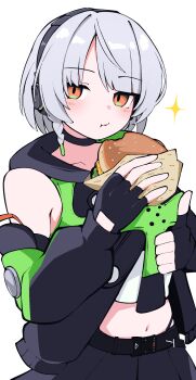 1girl anby_demara bare_shoulders black_choker black_gloves black_skirt burger choker closed_mouth commentary_request crop_top detached_sleeves eating fingerless_gloves food gloves grey_hair highres holding holding_burger holding_food looking_at_viewer midriff navel orange_eyes short_hair simple_background skirt solo sparkle thumbs_up white_background yuntaro_(ramen_star) zenless_zone_zero