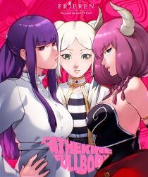 Rule 34 | 3girls, aura (sousou no frieren), bare shoulders, black dress, breasts, catherine: full body, catherine (game), cesar art456, character name, collarbone, copyright name, cover, demon girl, demon horns, dress, elf, fern (sousou no frieren), flat chest, frieren, green eyes, hand on own hip, heart, highres, horns, large breasts, long hair, long sideburns, looking at viewer, medium hair, multiple girls, pink background, pink hair, pink lips, pointy ears, purple eyes, purple hair, robe, sideburns, sousou no frieren, strapless, strapless dress, twintails, upper body, video game cover, white dress, white hair, white robe
