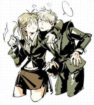Rule 34 | 1boy, 1girl, arm around shoulder, black jacket, black necktie, black pants, black skirt, blank speech bubble, blonde hair, breasts, clenched hand, collared shirt, cowboy shot, cowlick, cropped legs, cup, frown, grey hair, hair between eyes, half updo, highres, holding, holding cup, jacket, light blush, long hair, looking at viewer, maka albarn, medium breasts, miniskirt, necktie, pants, parted lips, sharp teeth, shirt, short hair, short twintails, sketch, skirt, smile, soul eater, soul evans, speech bubble, squeans, striped necktie, suit jacket, teeth, tokiijayy, twintails, white shirt