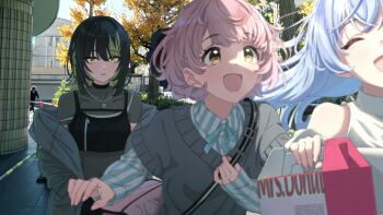 1boy 3girls ^_^ black_hair blonde_streaks blue_hair blush closed_eyes cometik_(idolmaster) commentary grey_jacket grey_sweater_vest highres idolmaster idolmaster_shiny_colors ikaruga_luca ikuta_haruki jacket jacket_partially_removed mister_donut multiple_girls outdoors photo_background pink_hair running shirt slice_of_life smile striped_clothes striped_shirt suzuki_hana sweater_vest symbol-only_commentary takada_(pixiv_97599311) vertical-striped_clothes vertical-striped_shirt