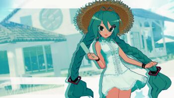 1girl 3d :d absurdres alternate_costume alternate_hairstyle animasa_model_(mikumikudance) antenna_hair aqua_eyes aqua_hair aqua_nails artist_name blush bracelet braid breasts center_frills dress food frills hair_between_eyes hair_ornament hat hatsune_miku highres holding holding_food holding_popsicle jewelry kio_(majin_kz) lace lace-trimmed_dress lace_trim long_hair looking_at_viewer low_twin_braids mikumikudance_(medium) open_mouth outdoors popsicle sleeveless sleeveless_dress small_breasts smile solo straw_hat sun_hat sundress twin_braids variant_set very_long_hair vocaloid white_dress