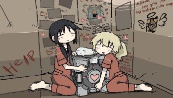2girls ahoge alternate_costume aperture_science_weighted_companion_cube barefoot black_hair blonde_hair blush chell chell_(cosplay) chito_(shoujo_shuumatsu_ryokou) closed_eyes closed_mouth commentary cosplay cube english_text heart indoors jumpsuit long_hair low_twintails multiple_girls nuko_(shoujo_shuumatsu_ryokou) hugging_object open_mouth orange_jumpsuit parody ponytail portal_(series) short_sleeves shoujo_shuumatsu_ryokou sitting twintails writing_on_wall yoyohachi yuuri_(shoujo_shuumatsu_ryokou)