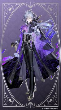 1boy ahoge ascot border brooch cane chinese_commentary cloak commentary_request corset edmond_dantes_(fate) fate/grand_order fate_(series) full_body gloves gradient_background gradient_hair grey_hair hair_ribbon highres holding holding_cane jewelry long_hair long_sleeves looking_at_viewer male_focus multicolored_hair official_art ornate_border pants ponytail purple_hair red_eyes ribbon second-party_source shirt shoes smile solo standing starshadowmagician the_count_of_monte_cristo_(fate)