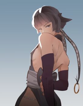 absurdres backless_outfit black_eyes black_hair black_hakama black_sleeves bleach blunt_bangs boogiedraws breasts commentary detached_sleeves english_commentary from_side hakama highres japanese_clothes long_hair looking_at_viewer narrow_waist petite sideboob sideless_kimono simple_background small_breasts sui-feng