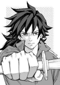 1boy alternate_costume closed_mouth greyscale hair_between_eyes highres holding holding_sword holding_weapon jacket kimetsu_no_yaiba long_hair looking_at_viewer low_ponytail male_focus monochrome motimoti_baby ponytail serious solo spiked_hair sword tomioka_giyuu twitter_username upper_body v-shaped_eyebrows weapon