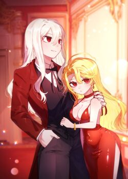 1boy 1girl ahoge black_pants black_vest blonde_hair bracelet breasts cleavage_cutout closed_mouth clothing_cutout coat covered_navel don_quixote_(project_moon) dress earrings formal_clothes hand_in_pocket hand_on_another&#039;s_shoulder highres jewelry la_manchaland&#039;s_don_quixote_(project_moon) large_breasts leaning_on_person limbus_company long_hair long_sleeves looking_afar neck_ribbon pants party pmchell_04 project_moon red_coat red_dress red_eyes ribbon sancho_(project_moon) shiny_skin shirt side_slit sleeveless slit_pupils smile vest wavy_hair white_hair white_shirt