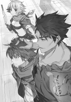 Rule 34 | 1girl, 2boys, ahoge, arm guards, armor, ascot, braid, breasts, buta koushaku, cleavage, cloak, closed mouth, collarbone, collared shirt, from above, from side, gloves, greyscale, hair between eyes, hand on another&#039;s head, highres, holding, holding knife, holding weapon, index finger raised, jacket, knife, long hair, long sleeves, medium breasts, monochrome, multiple boys, narita (buta koushaku), nauribon, navel, non-web source, novel illustration, official art, open clothes, open jacket, open robe, outdoors, parted lips, robe, scarf, school uniform, shirt, short hair, short sleeves, shoulder armor, shuya nyukern, sidelocks, smile, standing, strapless, tube top, v-shaped eyebrows, very short hair, weapon, zodd (buta koushaku)