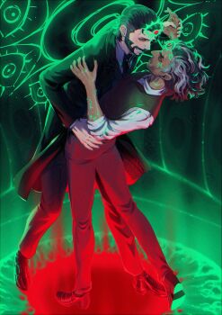 Rule 34 | 2boys, absurdres, aquiline nose, bags under eyes, beard, black hair, blackberreh-art, coat, commentary, dancing, dark skin, design speculation, dip (dance move), earrings, elias bouchard, english commentary, eyelashes, facial hair, formal clothes, frown lines, grey hair, grin, highres, jewelry, jonathan sims, lips, male focus, mole, multicolored hair, multiple boys, nose, pants, red pupils, scar, shirt, short hair, smile, suit, the magnus archives, thick eyebrows, two-tone hair, yaoi