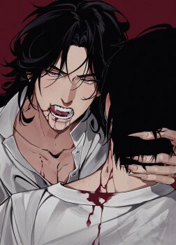 Rule 34 | 2boys, absurdres, bikoyaki, black hair, blood, blood from mouth, blood on chest, blood on clothes, blood on neck, blush, collarbone, collared shirt, commentary, curtained hair, ear blush, english commentary, fangs, fangs out, fingernails, half-closed eyes, hand on another's neck, head tilt, highres, implied yaoi, long fingernails, long hair, looking at viewer, luo binghe, male focus, monochrome, multiple boys, open mouth, parted bangs, pectoral cleavage, pectorals, red background, red eyes, renzha fanpai zijiu xitong, saliva, sharp fingernails, shen yuan, shirt, short hair, teeth, thick eyebrows, v-shaped eyebrows, vampire, watermark, white shirt, wolf cut