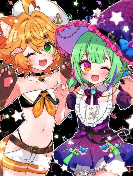 2024 2girls absurdres anna_dndntic belly belt blush fish_ornament gloves green_eyes green_hair hat hexavt highres indie_virtual_youtuber mink multiple_girls nonomiya_mikan one_eye_closed orange_hair paw_gloves pointy_ears shorts skirt thong virtual_youtuber wink witch_hat