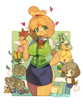 1girl 5boys :3 ahoge animal_crossing animal_ears animal_nose arm_behind_back bell bird black_bow black_bowtie black_vest blonde_hair blue_eyes blue_skirt bow bowtie brewster_(animal_crossing) brown_hair chibi clipboard closed_eyes closed_mouth coffee collared_shirt colored_skin cup digby_(animal_crossing) disposable_cup dog_boy dog_ears dog_girl dog_tail facial_hair flag furry furry_female furry_male glasses green_vest hair_bell hair_ornament hair_tie heart highres holding holding_clipboard holding_cup holding_flag holding_leaf isabelle_(animal_crossing) leaf magic_qy medium_hair falling_money multiple_boys mustache necktie nintendo open_mouth pencil_skirt pigeon raccoon_boy red_necktie shirt short_hair short_sleeves single_tooth skirt tail tanuki teacup timmy_(animal_crossing) tom_nook_(animal_crossing) tommy_(animal_crossing) topknot vest white_shirt yellow_skin