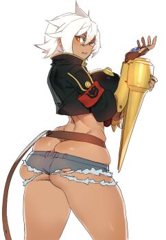 1girl arm_cannon armband ass belt black_jacket blazblue breasts bullet_(blazblue) butt_crack cowboy_shot cropped_jacket gauntlets gluteal_fold highres huge_ass jacket large_breasts looking_at_viewer micro_shorts mokotoko9 narrow_waist orange_eyes parted_lips red_armband short_hair shorts simple_background single_gauntlet skindentation solo tan torn_clothes torn_shorts weapon white_background white_hair